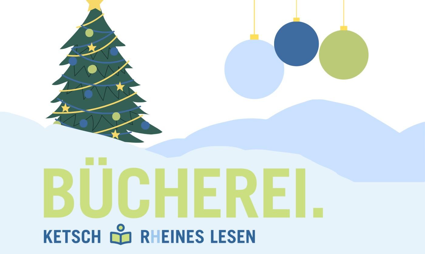 Logo der Bücherei mit Weihnachtsbaum und Weihnachtskugeln